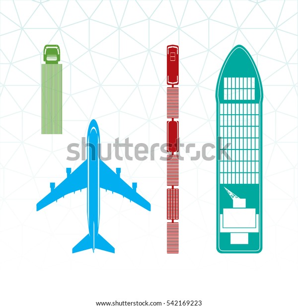 Means of Transportation Vehicle Ship Plane Train\
with Freight Top View Logistics Icons Set - Symbolic Color\
Silhouette Blue Brown Green Turquoise Elements on White Background\
- Flat Graphic Design