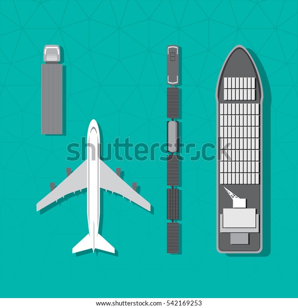 Means of Transportation Vehicle Ship Plane Train
with Freight Top View Logistics Icons Set - Greyscale Color In
Detail Blue Brown Green Turquoise Elements on Turquoise Background
- Flat Graphic Design