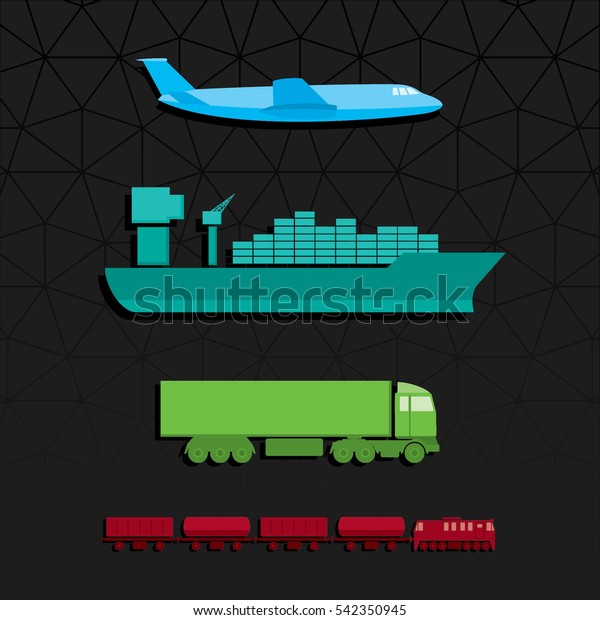 Means of Transportation Vehicle Ship Plane Train
with Freight Side View Logistics Icons Set - Symbolic Monochrome
Color In Detail Blue Brown Green Turquoise Elements on Black
Background - Flat Design