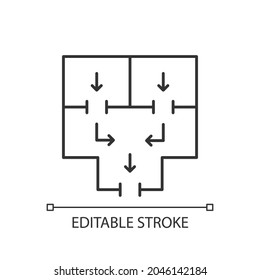 Means to vacate building linear icon. Planning apartment building escape. Emergency situation. Thin line customizable illustration. Contour symbol. Vector isolated outline drawing. Editable stroke