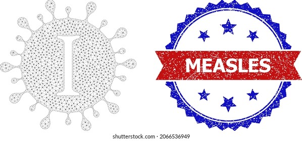 Measles rubber seal print, and Yota coronavirus icon mesh model. Red and blue bicolor stamp seal contains Measles tag inside ribbon and rosette. Abstract flat mesh Yota coronavirus,