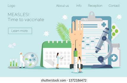 Measles, rubeola vaccination. Time to vaccinate. Vector illustration syringe with vaccine, bottle, calendar and doctors. Modern vector illustration concepts for website, apps.