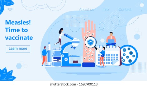 Measles, rubeola vaccination. Time to vaccinate. Syringe with vaccine, bottle, calendar and doctors. Tiny doctors make shot. Modern vector illustration concepts for website, apps.