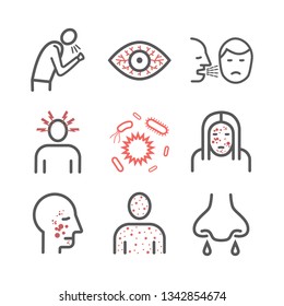 Measles. Symptoms, Treatment. Line Icons Set. Vector Signs.