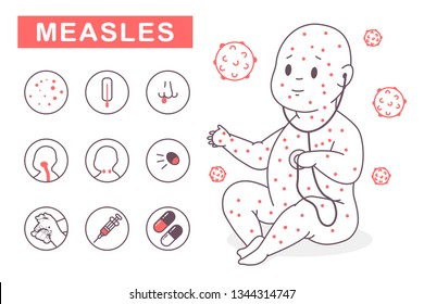 Measles vector infographics. Child character with a rash and icons with symptoms and treatment methods isolated on a white background.