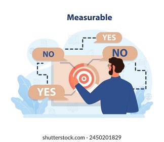 Measurable outcomes visualized. Man assessing task results with clear YES or NO pathways. Gauging success through definite benchmarks. Decision-making, analysis process. Flat vector illustration