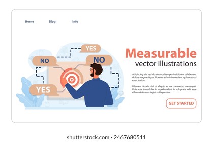 Measurable outcomes visualized. Man assessing task results with clear YES or NO pathways. Gauging success through definite benchmarks. Decision-making, analysis process. Flat vector illustration