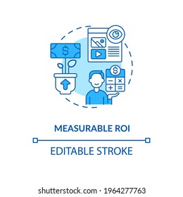 Measurable ROI blue concept icon. Digital marketing strategy. Online PR campaign benefit. Smart content idea thin line illustration. Vector isolated outline RGB color drawing. Editable stroke