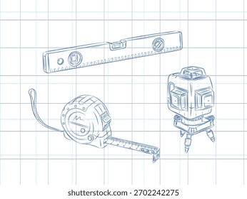 Measurable tools set roulette construction and laser level drawing in graphic style on light background