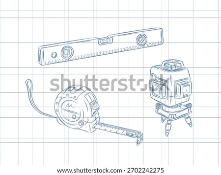 Measurable tools set roulette construction and laser level drawing in graphic style on light background