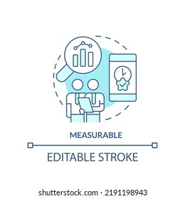 Measurable Turquoise Concept Icon. Advantage Of Digital Advertising Abstract Idea Thin Line Illustration. Time Management. Isolated Outline Drawing. Editable Stroke. Arial, Myriad Pro-Bold Fonts Used