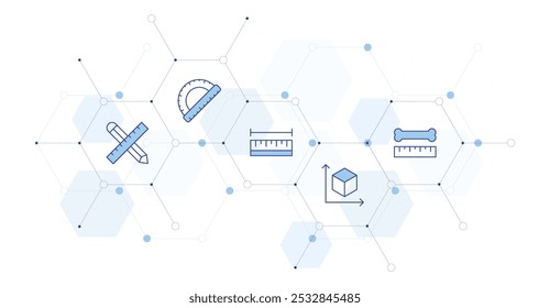 Measure Banner Vector Illustration with Icon Style in Between. Line Duotone icon. Containing protractor, work in progress, bone, cube, length.