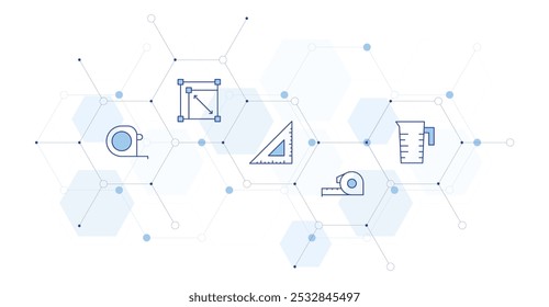 Mida la Ilustración vectorial del Anuncio con el estilo del icono en el medio. Icono de línea Duotone. Contiene taza de medición, reescalado, cuadrado, cinta métrica, cinta métrica.