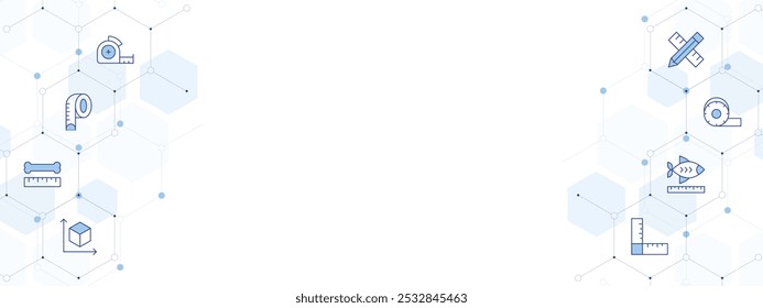 Measure Banner Vector Illustration with Two-sided Icon Style. Line Duotone icon. Containing ruler, measuring tape, pencil, bone, cube, scale.