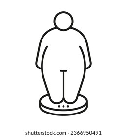 Measure  body of person on scales, control weigh obese line icon. Fat figure and big size man. Vector outline illustration