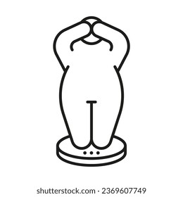 Measure body of person on scales, control weigh obese line icon. Hide eyes from fat figure surprise and big size man. Vector outline illustration