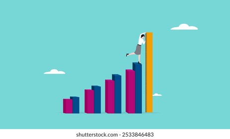 Gráfico de medición del crecimiento del negocio, analista de negocios, punto de referencia para el éxito del negocio, gestión financiera, crecimiento de las ventas de inversión, mujer de negocios que está midiendo un gráfico de crecimiento económico utilizando una Regla