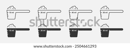 Measure cups or spoon line icon and glyph set. Prepare medicine, food, drink. Dosing ingredient, recipe
