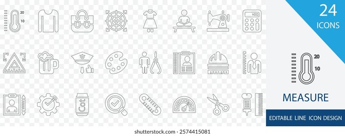 Measure editable line icon set. containing  weight,  scale, size, speed, ruler, tape,  hourglass, height and more stroke design