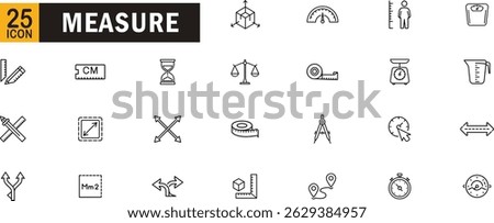Measure editable outline icon set. Ruler, scale, weight, time, distance, dimension, accuracy, volume, unit and more.