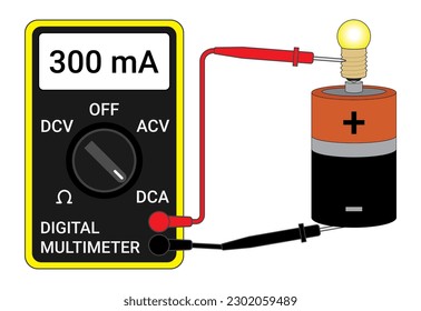 Mida la corriente eléctrica que fluye en un circuito utilizando un medidor AVO digital. Ciencias de la educación física. Ilustración vectorial aislada en blanco.