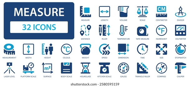 Measure flat icons collection. Length, ruler, temperature, dimension, time, speed, gauge, distance, measurement sign set.