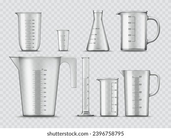 Measure glass cups and containers, laboratory beakers and chemistry flasks, realistic vector. Lab equipment and test glassware, isolated chemical tubes and measuring cylinders and vial cups