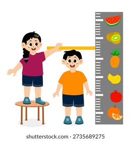 Measure height. small child measuring height with ruler, vector and illustration