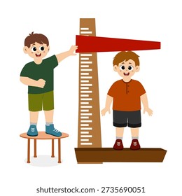 Measure height. small child measuring height with ruler, vector and illustration