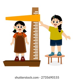 Measure height. small child measuring height with ruler, vector and illustration