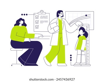 Measure height and weight abstract concept vector illustration. Family doctor measures kids height and weight in mothers presence, medicine industry, walk-in clinic patient abstract metaphor.
