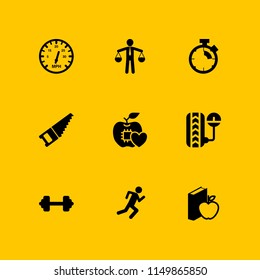 measure icon. 9 measure set with construction and tools, stopwatch, weight and work tools vector icons for web and mobile app
