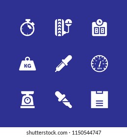 measure icon. 9 measure set with dropper, construction and tools, weight and stopwatch vector icons for web and mobile app
