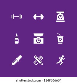 measure icon. 9 measure set with sugar, weight, dropper and running stick figure vector icons for web and mobile app