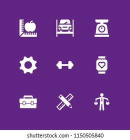measure icon. 9 measure set with weight, ruler, work tools and tool box vector icons for web and mobile app