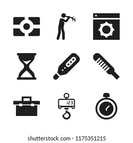 measure icon. 9 measure vector icons set. hour glass, tool box and diet icons for web and design about measure theme