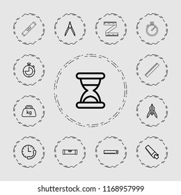 Measure icon. collection of 13 measure outline icons such as compass, level ruler, saw, ruler, weight, hourglass. editable measure icons for web and mobile.