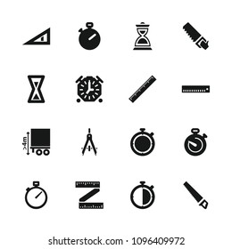 Measure icon. collection of 16 measure filled icons such as saw, stopwatch, ruler, cargo height, hourglass, compass. editable measure icons for web and mobile.