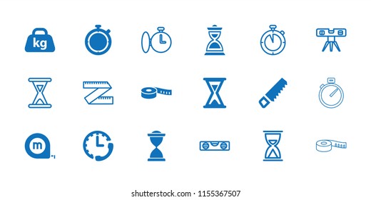 Measure icon. collection of 18 measure filled and outline icons such as saw, weight, hourglass, stopwatch, level ruler. editable measure icons for web and mobile.