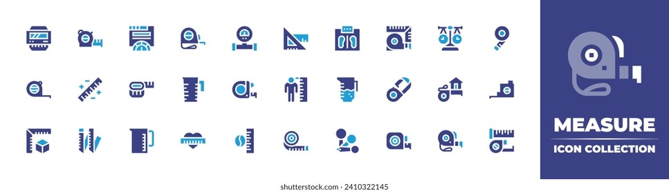 Measure icon collection. Duotone color. Vector and transparent illustration. Containing measuring tape, ruler, coffee beans, meter, rulers, height, measure tape, measuring cup, measure, tape measure.
