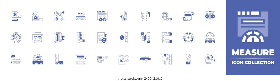 Measure icon collection. Duotone style line stroke and bold. Vector illustration. Containing pencil, coffee beans, measuring tape, ruler, height, measuring cup, measure, measure tape, tape measure.