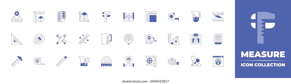 Measure icon collection. Duotone style line stroke and bold. Vector illustration. Containing cube, measuring tape, pencil, ruler, measure tape, thermometer, gauge, electric meter, measure cup.