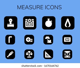 measure icon set. 12 filled measure icons.  Simple modern icons such as: Scales, Allen keys, Thermometer, Web size, Weight, Balance, Stopwatch, Scale, Ruler, Pliers, Blueprint