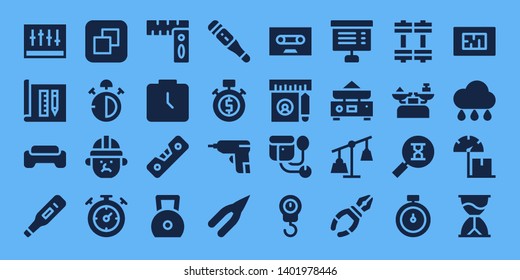measure icon set. 32 filled measure icons. on blue background style Collection Of - Levels, Architecture, Gym, Thermometer, Size, Stop watch, Architect, Stopwatch, Rulers, Watch