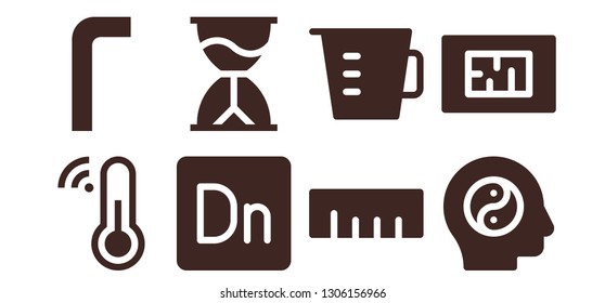 measure icon set. 8 filled measure icons.  Simple modern icons about  - Thermometer, Allen keys, Dimension, Hourglass, Ruler, Measuring cup, Balance, Blueprint