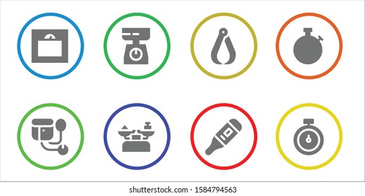 measure icon set. 8 filled measure icons.  Collection Of - Weight, Sphygmomanometer, Scale, Pliers, Thermometer, Stopwatch icons
