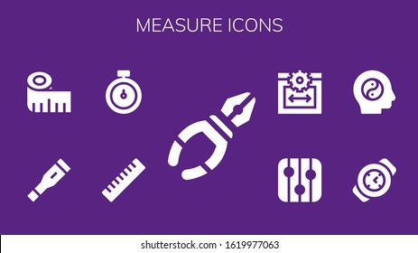 measure icon set. 9 filled measure icons. Included Pliers, Ruler, Stopwatch, Thermometer, Measuring tape, Watch, Balance, Levels, Web size icons