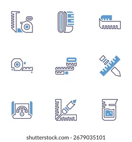 Conjunto de ícones de medida. Estilo de linha em negrito. Cores duotônicas. Curso editável. Meça fita, fita métrica, fita métrica, medida, desempenho, copo.