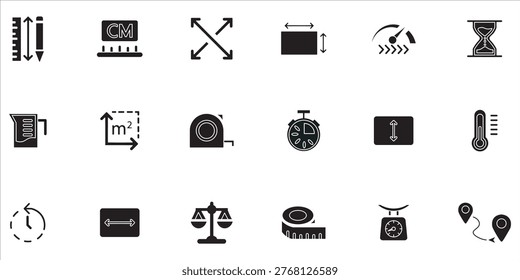 measure icon set bundle. temperature, scale, ruller, size, volume and more. simple solid vector
