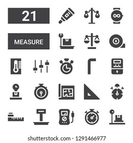 measure icon set. Collection of 21 filled measure icons included Scale, Chronometer, Voltmeter, Weight, Meter, Stop watch, Ruler, Blueprint, Allen keys, Levels, Thermometer, Measuring tape